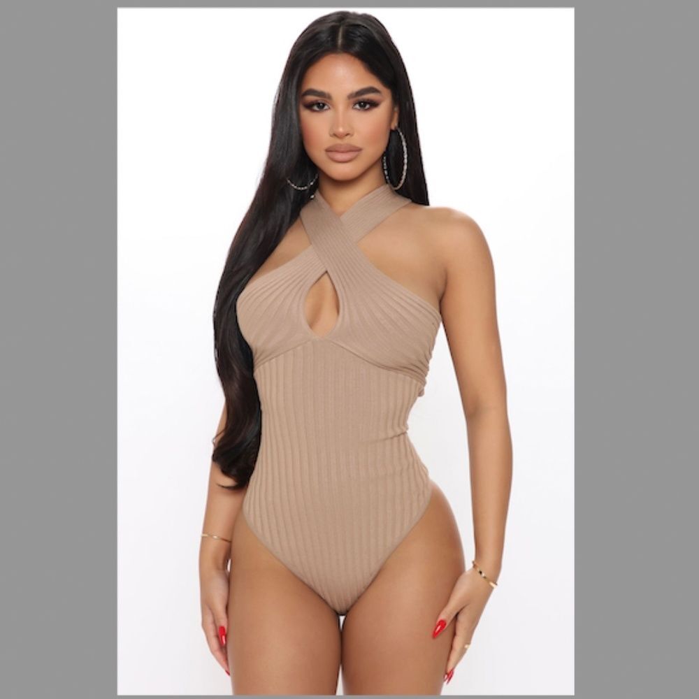 NWT Fashion Nova Cross It Off Sweater Thong Bodysuit Ribbed Taupe Tan Brown Sz M